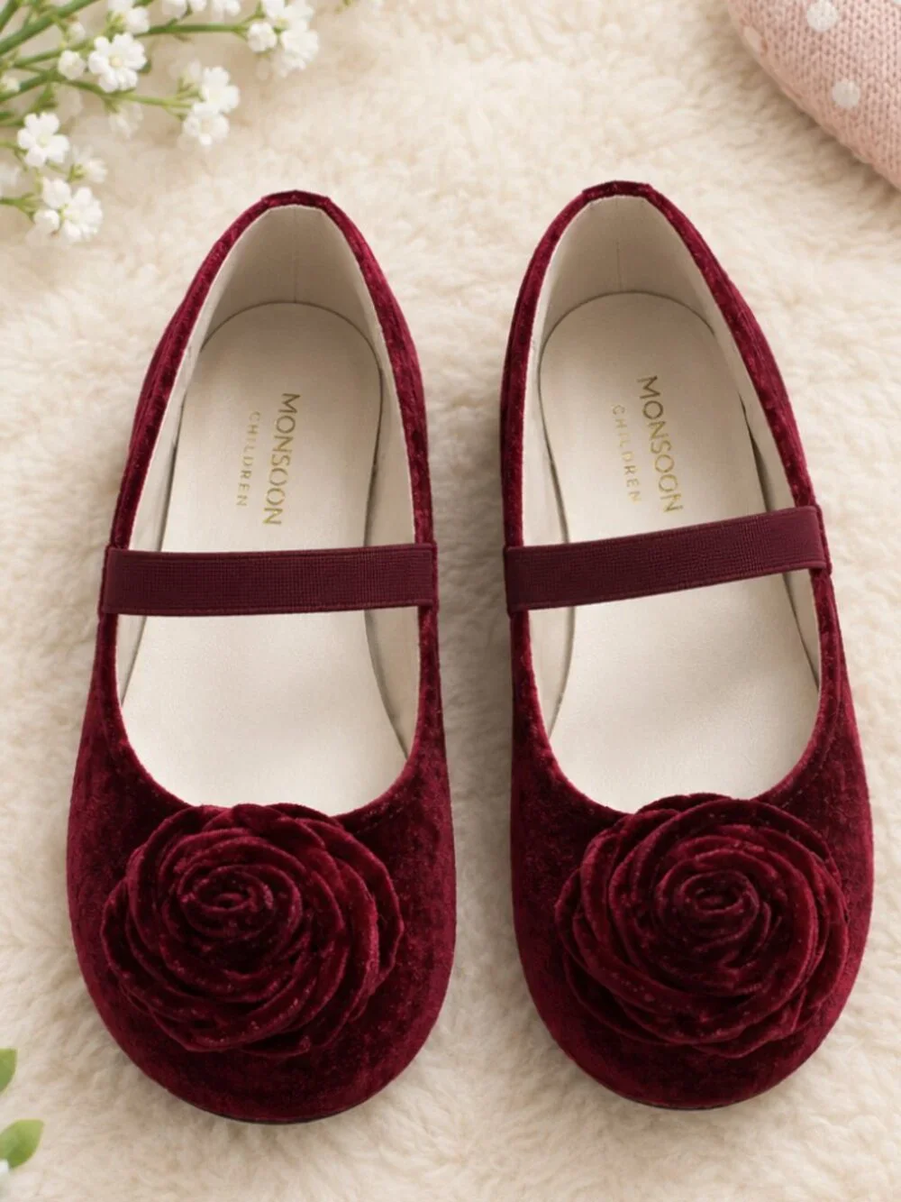 Monsoon Kids Burgundy Velvet Rosette Ballet Shoes - Girls US Size 2 (UK Size 1)